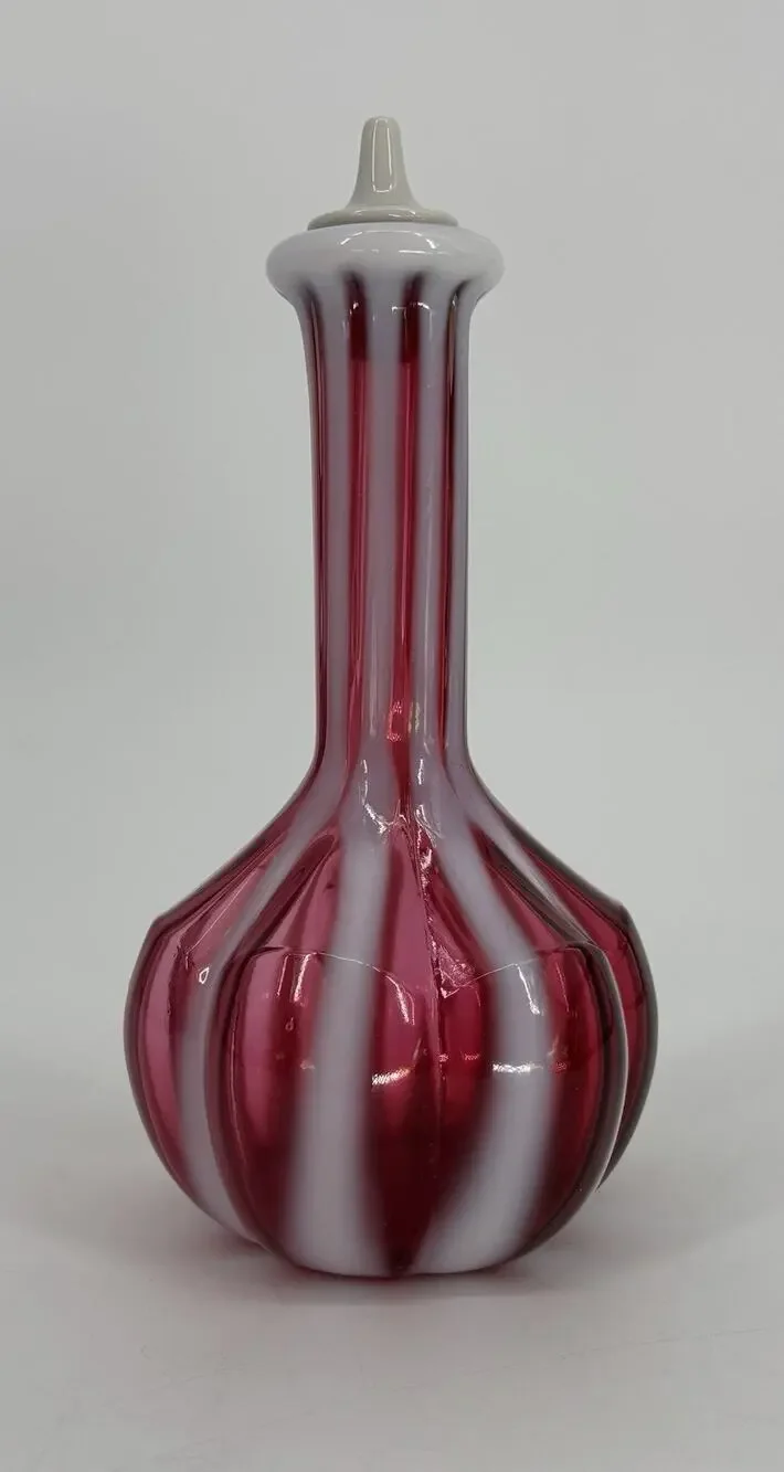 Vtg Fenton Cranberry Opalescent Glass Barber Bottle Striped Optic Rib W/Stopper